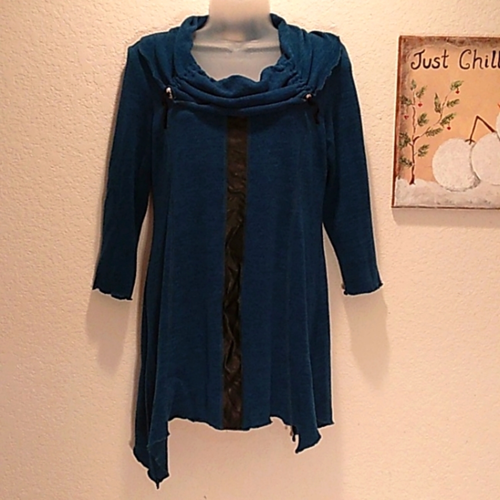 ZOE TEAL SCRUNCH NECK ASYMMETRICAL SWEATER